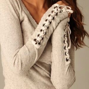 Free People We the Free Oatmeal Lace-Up Cuff Long Sleeve Top